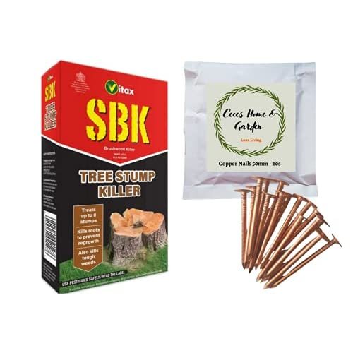 SBK Tree Stump Killer Tough Weed Weedkiller 250ml Concentrate Glyphosate-free | CHG 20 Pieces Copper Clout Roofing Nails 50mm | Tips Sheet | Bund